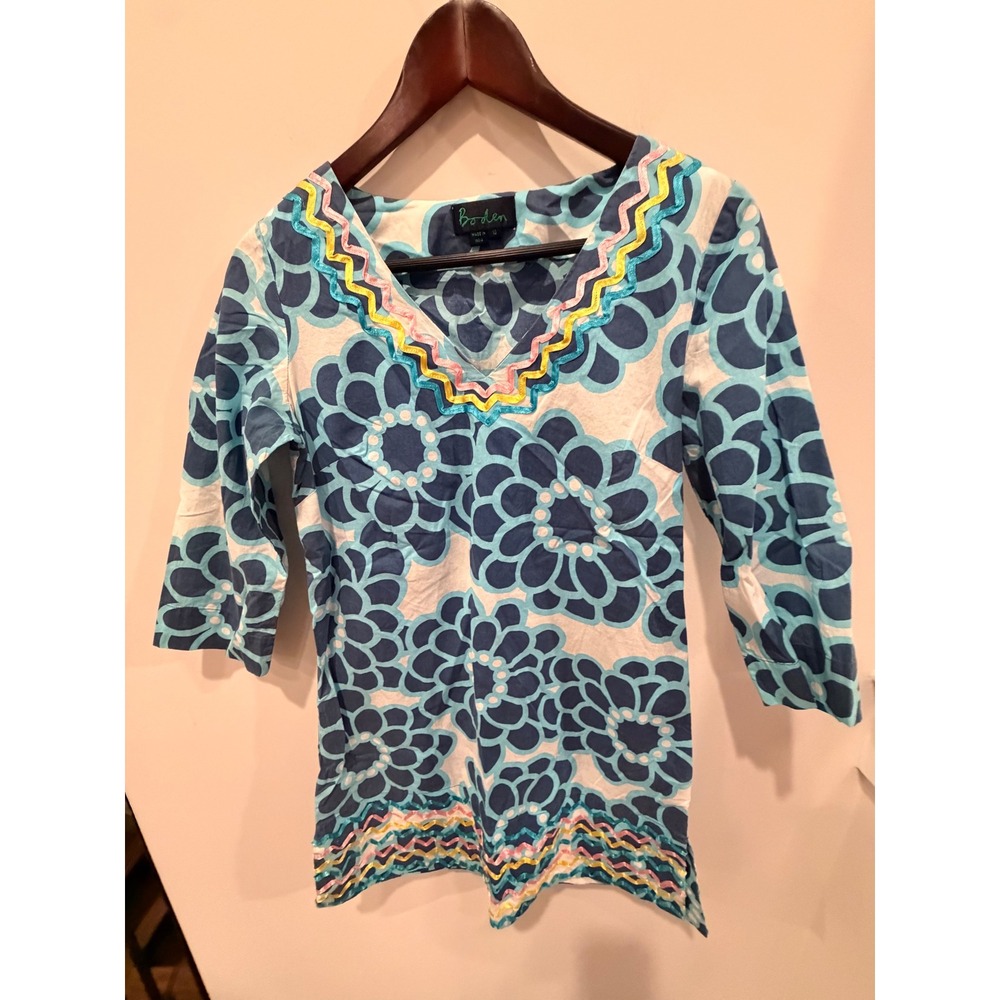 Boden Blue Floral Cotton‎ Tunic Dress Rickrack Trim V-Neck 3/4 Sleeve Size 10